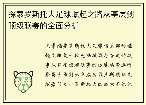 探索罗斯托夫足球崛起之路从基层到顶级联赛的全面分析