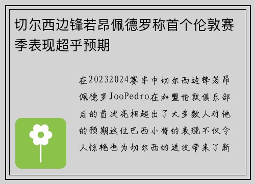 切尔西边锋若昂佩德罗称首个伦敦赛季表现超乎预期