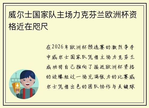 威尔士国家队主场力克芬兰欧洲杯资格近在咫尺